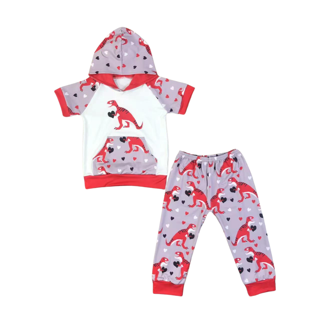 Short Sleeve Red Dino Heart Hooded Set