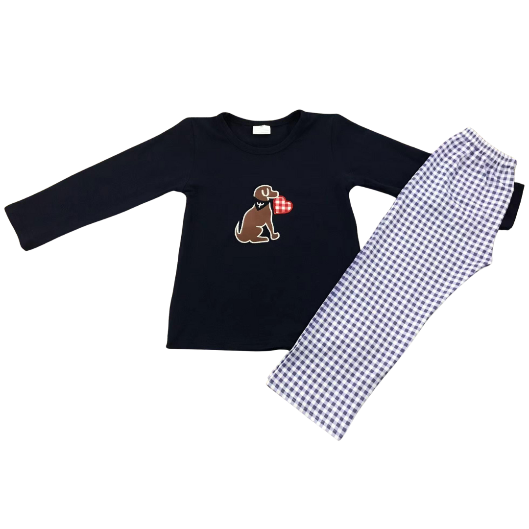 Boys Plaid Embroidered Puppy Love Set