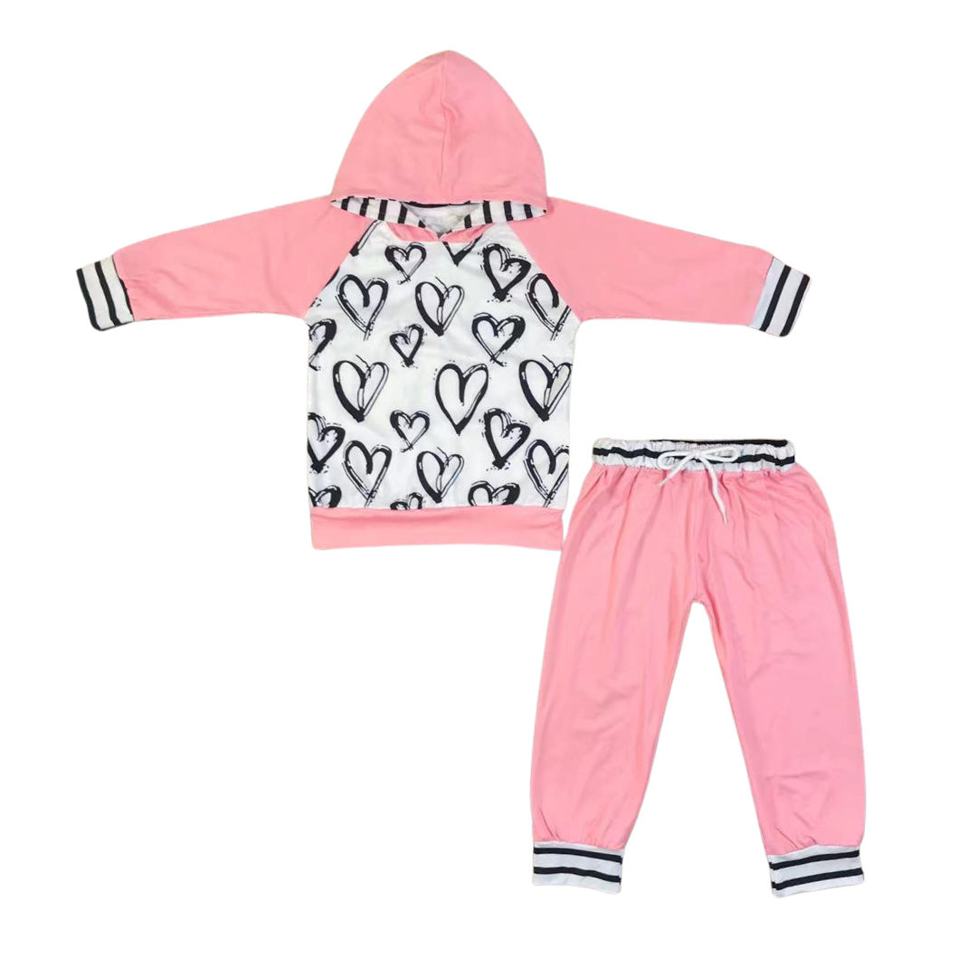 Pink Doodle Heart Hooded Set