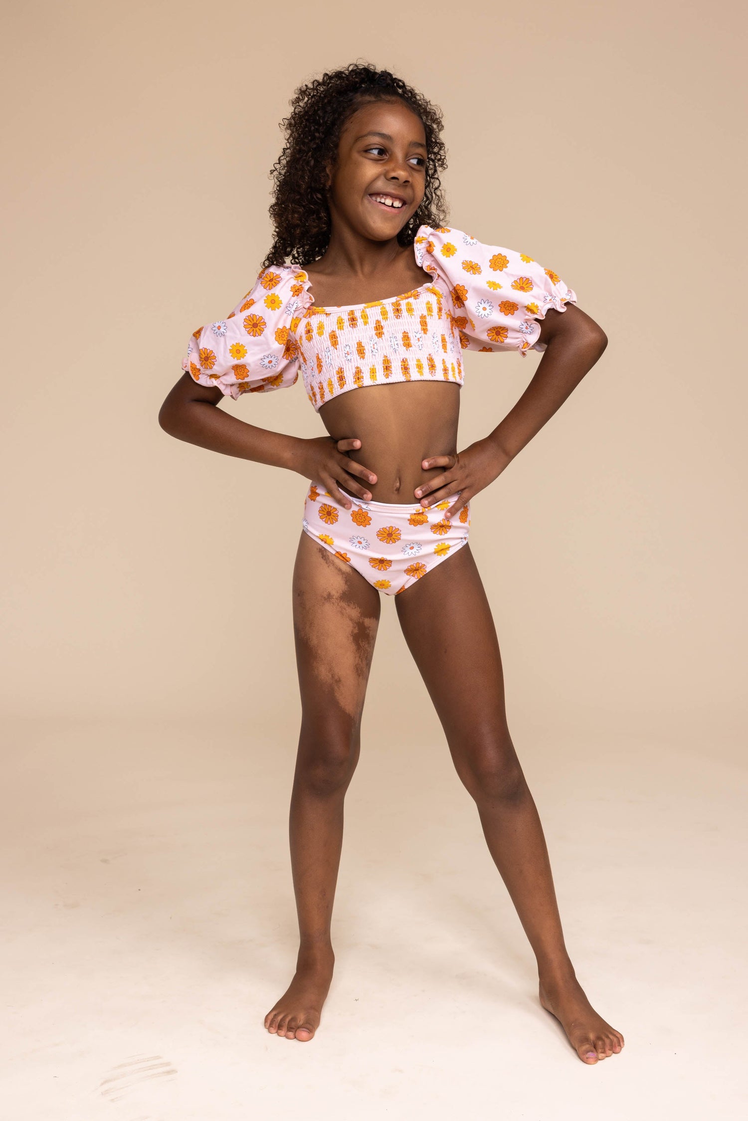 Orange floral print smocked 2pc girl swimsuit (size run small, go up 2-3 sizes)