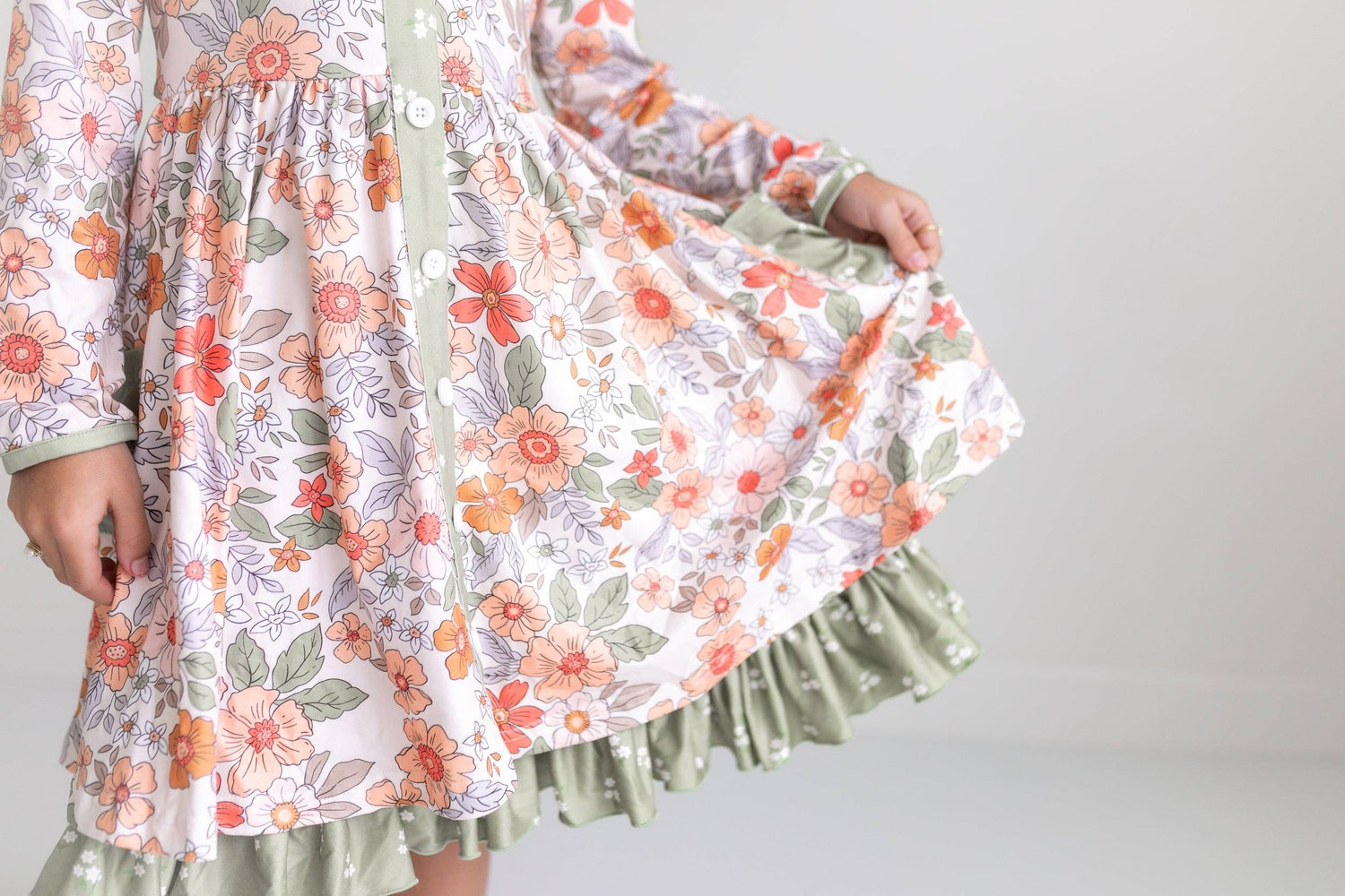 Kids Sage & Rust Floral Button Dress With Pockets