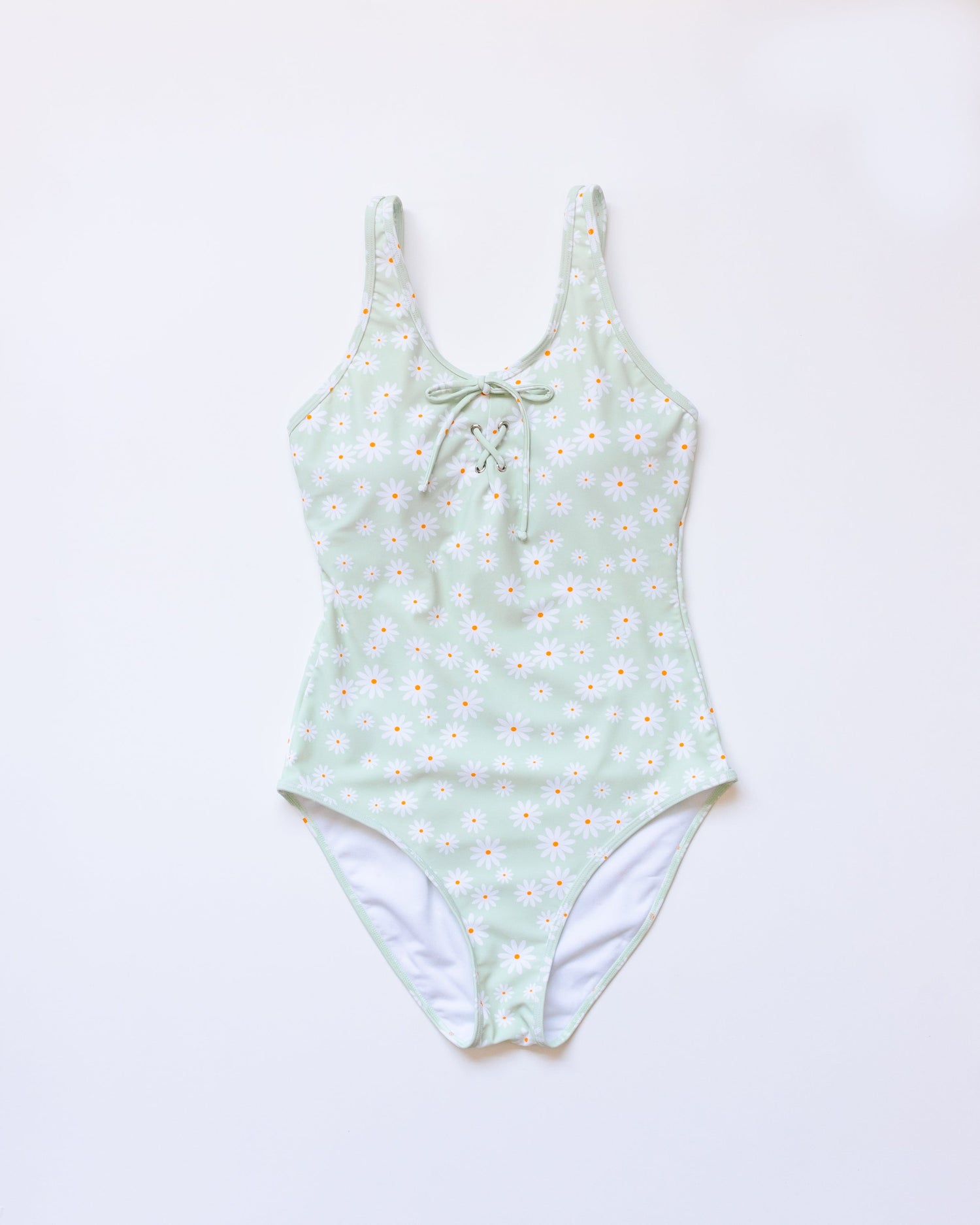 Green daisy print one piece women swimsuit